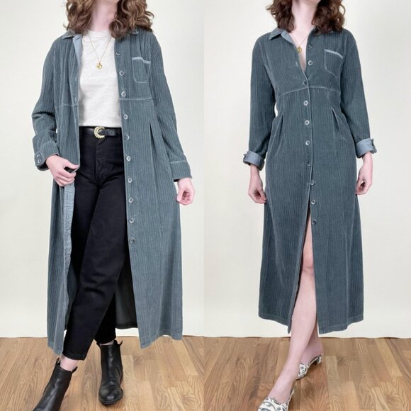 Vintage 90s Corduroy Midi Dress Long Duster Cardigan Jacket Coat Shacket 1990s - Picture 1 of 8